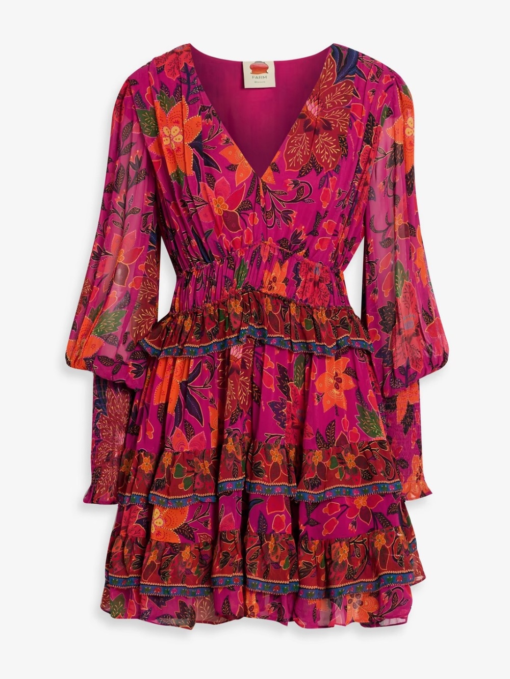 Farm Rio Tropical Tapestry Tiered Puff-Sleeve Mini Dress